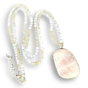 Pink Jadeite Large Pendant Stone Beaded Chain Necklace Lobster Claw Clasps